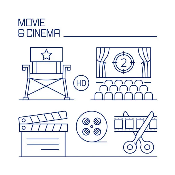 Vector illustration of Cinema and Movie Related Design Element. Pattern Design with Outline Icons.