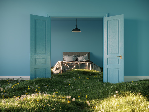 A surreal scene includes a green home covered grass with blue walls which symbolizes the sky. (3d render)
