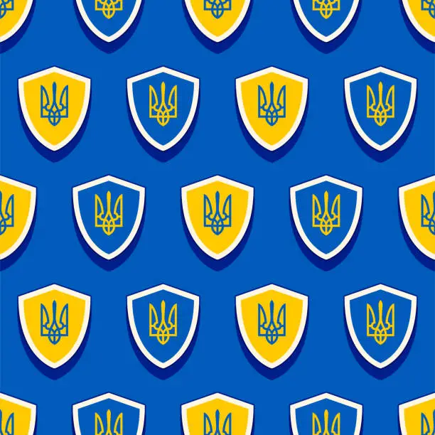 Vector illustration of Shield with Ukraine flag in texture and repeating image.