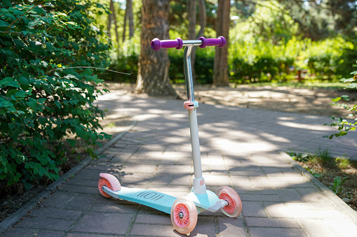blue and pink child kick scooter in the park on nature background