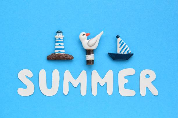 istock Composition of lighthouse, gull, ship figures and lettering Summer on blue background 1406190929