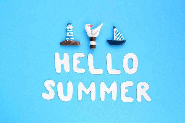 istock Composition of lighthouse, gull, ship figures and lettering Hello Summer on blue background 1406190973