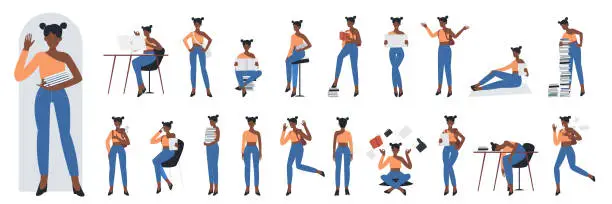 Vector illustration of Black girl student poses set, actions and gestures of young female character with books