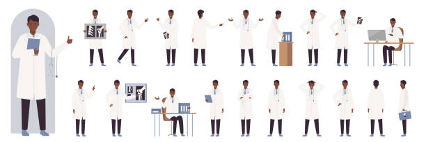 Black male doctor poses set, confident explainer wearing uniform, standing and sitting Cartoon confident explainer wearing uniform, standing and sitting, hospital worker pointing on medical presentation, expert posing. African american black male doctor poses set vector illustration african american male model stock illustrations