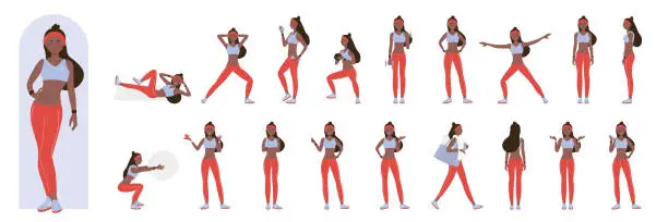 Vector illustration of Black female active sport trainer poses set in front, side and back view, woman doing exercises