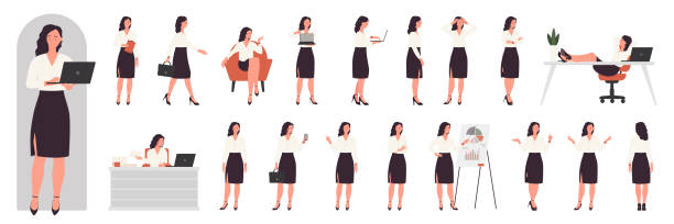 사무 세트에서 바쁜 사업가 캐릭터, 정식 복장을 입은 젊은 여성 서기 - businesswoman stock illustrations