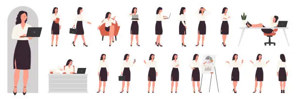 Vector illustration of Busy businesswoman character in office work set, young female clerk in formal outfit