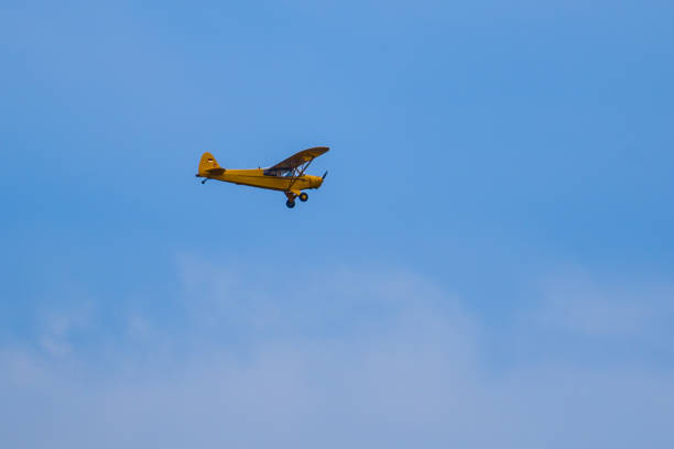 Sky sights, yellow airplane flying in blue sky, one engine plane