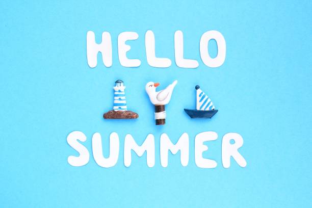 istock Composition of lighthouse, gull, ship figures and lettering Hello Summer on blue background 1406191370