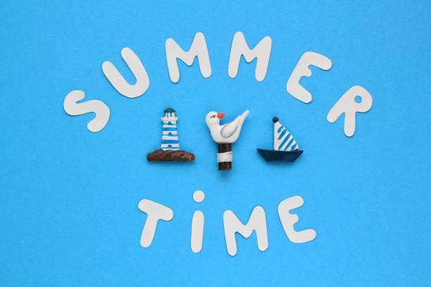 istock Composition of lighthouse, gull, ship figures and lettering Summertime on blue background 1406191403