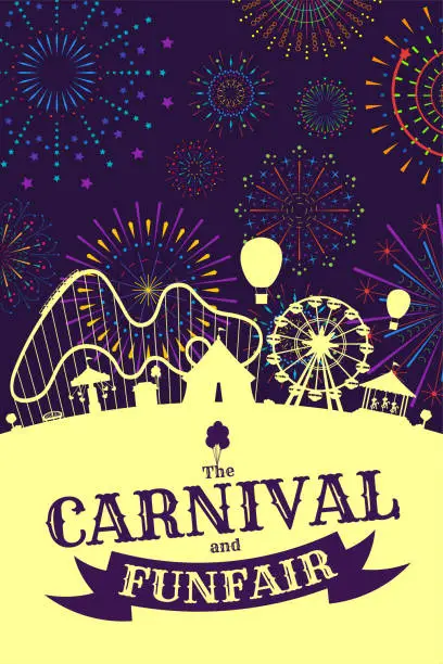 Vector illustration of Carnival funfair banner with firework on night sky. Amusement park with circus, carousels, roller coaster, attractions on fireworks sparkles rays background. Fun fair festival vector poster