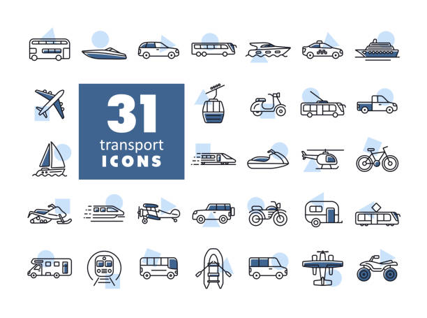 Transportation vector flat icon set isolated Transportation vector isolated icon set. Graph symbol for travel and tourism web site and apps design, logo, app, UI boat trailer stock illustrations