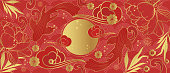istock Vector banner with traditional Chinese elements and ornament. Koi carp in gold color on a red background with peony flowers. Chinese background. 1406195234