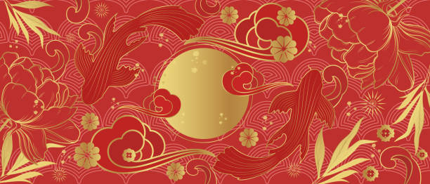 Vector banner with traditional Chinese elements and ornament. Koi carp in gold color on a red background with peony flowers. Chinese background. Vector banner with traditional Chinese elements and ornament. Koi carp in gold color on a red background with peony flowers. Chinese background. fruit tree flower sakura spring stock illustrations