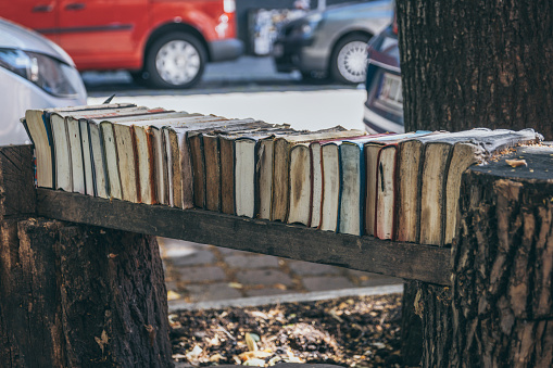 Berlin, Germany, June 2022: Wooden bench in the city covered with squeezed old books