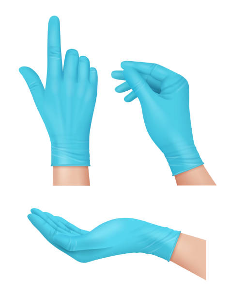 ilustraciones, imágenes clip art, dibujos animados e iconos de stock de guantes médicos. guantes de goma azul para manos de médico hospital látex cirujano herramientas para la infección y protección contra virus vector decente plantillas realistas - guante quirúrgico