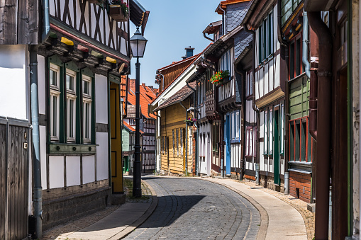 Street with half-timbered houses in Wernigerode, Harz, Saxony-Anhalt, Germany