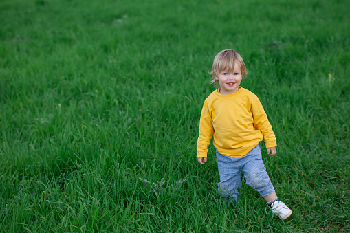 A cute little blond baby, a toddler, a boy standing and smiling on the green grass in a meadow in the countryside of a village, a natural landscape, a happy fun childhood time, summer holidays.
