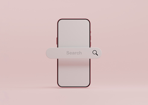 smartphone with search bar icon for SEO or Search Engine Optimisation and technology concept by 3d render illustration.