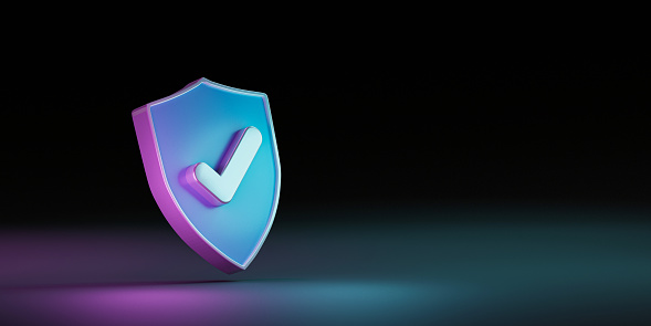 Escudo con marca correcta o marca de verificación para firewall y protección antivirus para el concepto de tecnología mediante ilustración de renderizado 3D. photo