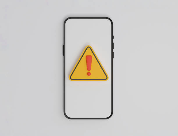istock Isolate of smartphone with yellow triangle caution warning sing on white background for notification error and maintenance by 3d render illustration. 1406199291