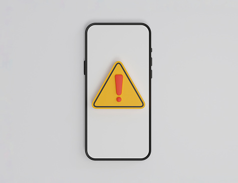 Isolate of smartphone with yellow triangle caution warning sing on white background for notification error and maintenance by 3d render illustration.