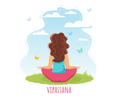 woman meditates at dawn. Vipassana concept. Vector illustration in flat style