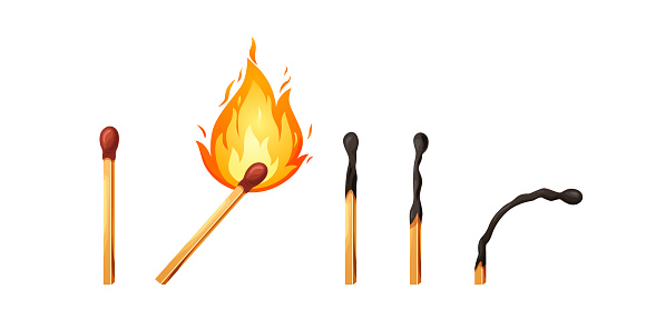 Burnt match stick with fire. Set of matchsticks with sulfur head flaming stages from ignition to extinction. Cartoon spark bonfire vector illustration.