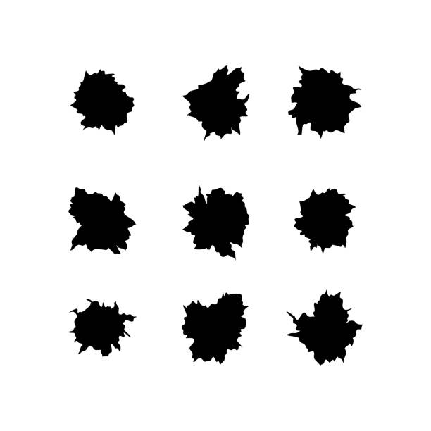 po kulach pistoletu lub pistoletu. strzelaj w metalowym pojedynczym i podwójnym otworze. uszkodzenia i pęknięcia na powierzchni. wektor izolowany na tle - bullet hole gun rifle bullet stock illustrations