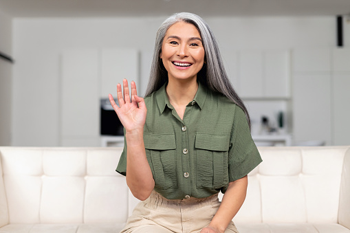 Smiling and positive middle-aged Asian woman holding video call, looking and waving into camera, mid-age multiracial gray-haired tutor holding virtual meeting, involved webinar, webcam view