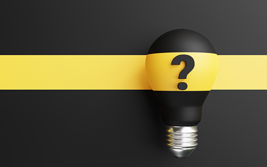 Yellow lightbulb on black question mark and black background for creative thinking idea and solution problem solving concept by 3d render illustration.