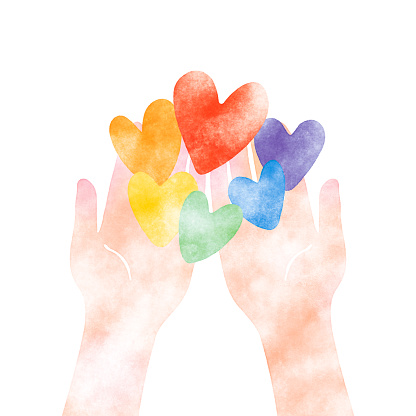 Hands holding colorful hearts, watercolor textures