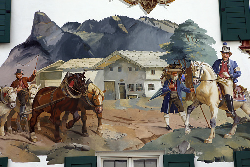 Oberramergau, bavaria, germany, 01 june, 2022, Mural paintings on houses facades in the streets of the village, by various anonymous artists, 19th century