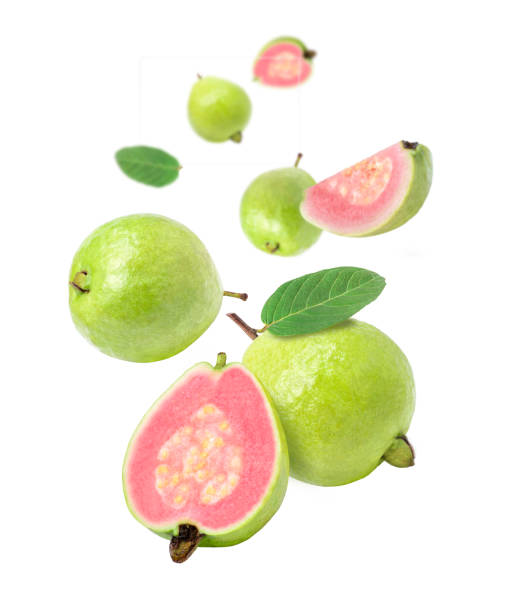 плод гуавы и половина ломтика летают в воздухе изолированно на белом - guava vegetable tropical climate fruit стоковые фото и изображения