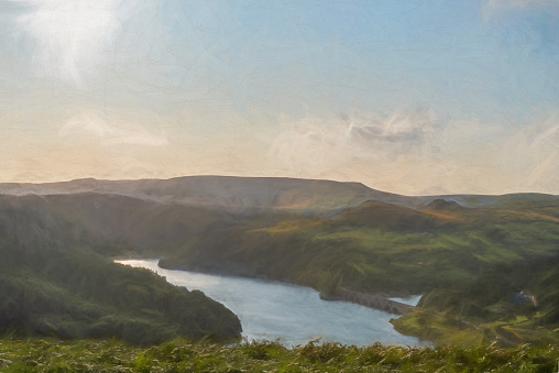 Digital painting of the Ashopton Viaduct, Ladybower Reservoir, and Crook Hill in the Derbyshire Peak District National Park, England, UK.