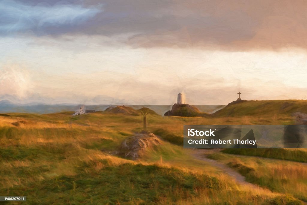 Digital painting of the Llanddwyn island lighthouse, Twr Mawr at Ynys Llanddwyn on Anglesey, North Wales. Digital painting of the Llanddwyn island lighthouse, Twr Mawr at Ynys Llanddwyn on Anglesey, North Wales at sunset. Wales Stock Photo