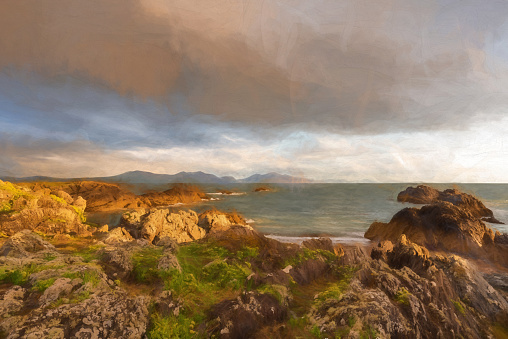 Digital painting of a view of the llyn peninsula from Ynys Llanddwyn on Anglesey, North Wales at sunset.