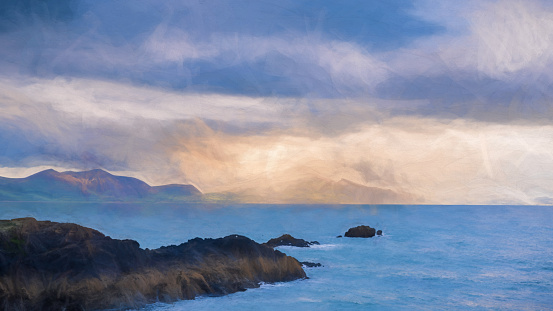 Digital painting of a view of the llyn peninsula from Ynys Llanddwyn on Anglesey, North Wales at sunset.