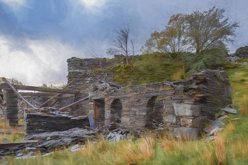 Digital painting of the abandoned Rhos Slate Quarry at Capel Curig, below Moel Siabod in the Snowdonia National Park, Wales