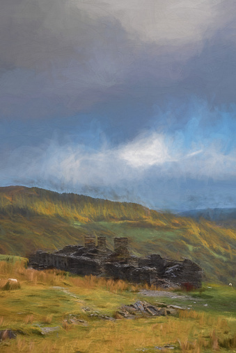 Digital painting of the abandoned Rhos Slate Quarry at Capel Curig, below Moel Siabod in the Snowdonia National Park, Wales