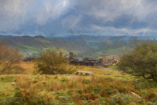 Digital painting of the abandoned Rhos Slate Quarry at Capel Curig, below Moel Siabod in the Snowdonia National Park, Wales