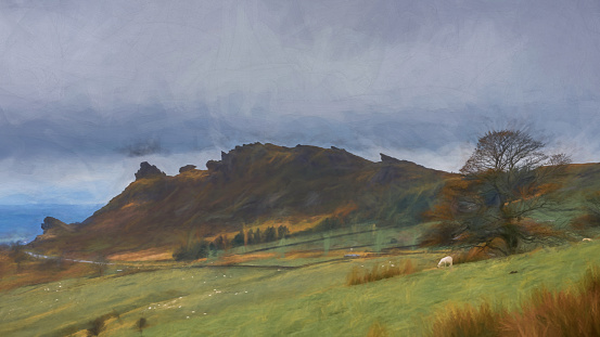 Digital painting of a panoramic view of a moody Ramshaw Rocks and grey sky at The Roaches in the Peak District National Park.