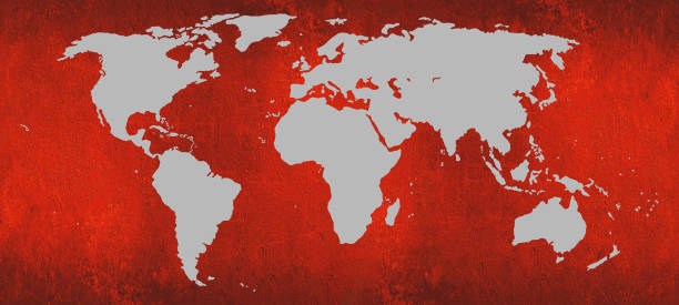 istock Vintage grunge gray Map of World isolated on rustic red abstract concrete wall texture background banner panoramic panorama wallpaper 1406209197