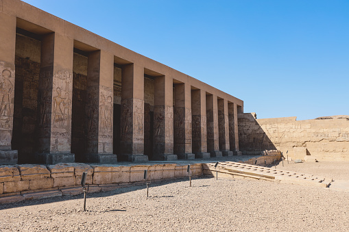 Outdoor View to an Ancient Egyptian temple of Seti I also known as the Great Temple of Abydos in Kharga, Egypt