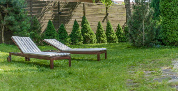 istock Lounge chairs on the backyard in a beautiful garden. Two empty sunbeds on the grass. 1406210828