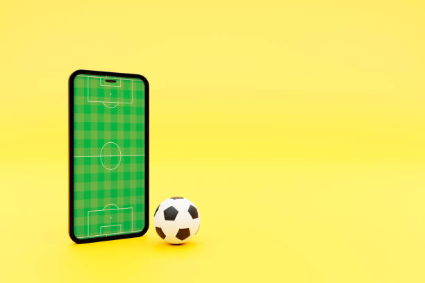 istock Football field on the smartphone screen and ball. 3d render 1406211434