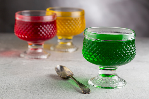 Fruit gelatin in the glass bowl.