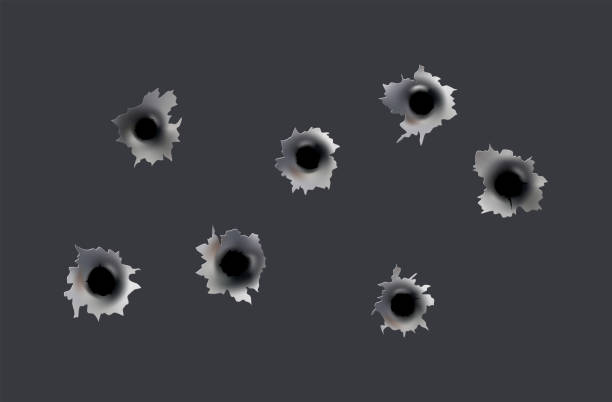 ilustrações de stock, clip art, desenhos animados e ícones de bullet holes of gun or pistol. shoot in metal single and double hole. damage and cracks on surface. vector isolated on background - bullet hole illustrations