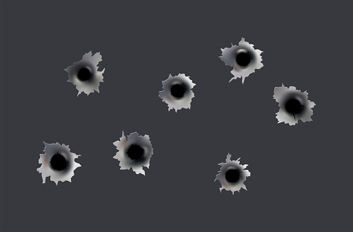 Bullet holes of gun or pistol. Shoot in metal single and double hole. Damage and cracks on surface. Vector isolated on background.