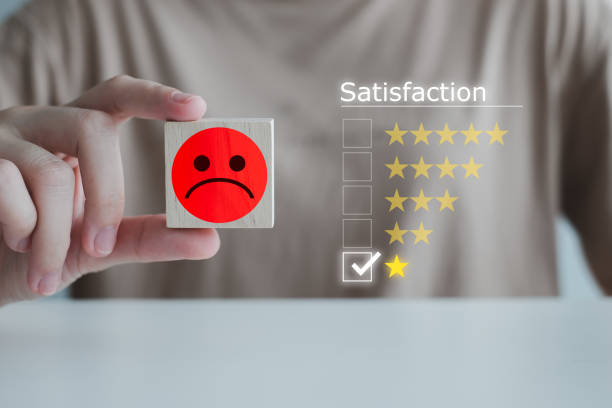 istock Customer service rating experience, feedback emotion and satisfaction survey with negative, neutral and positive facial expressions. hand showing sad face icon on wood cube with 1 star. 1406214133